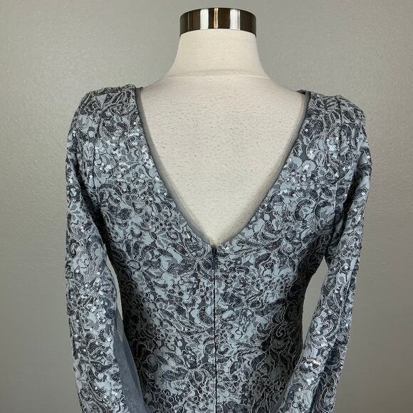 Betsy & Adam Sequined Lace Cocktail Dress Size 8 Blue Draped Back Midi Sheath - Picture 8 of 14